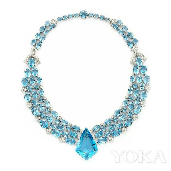 1938年卡地亚Art Deco风格海蓝宝钻石项链。