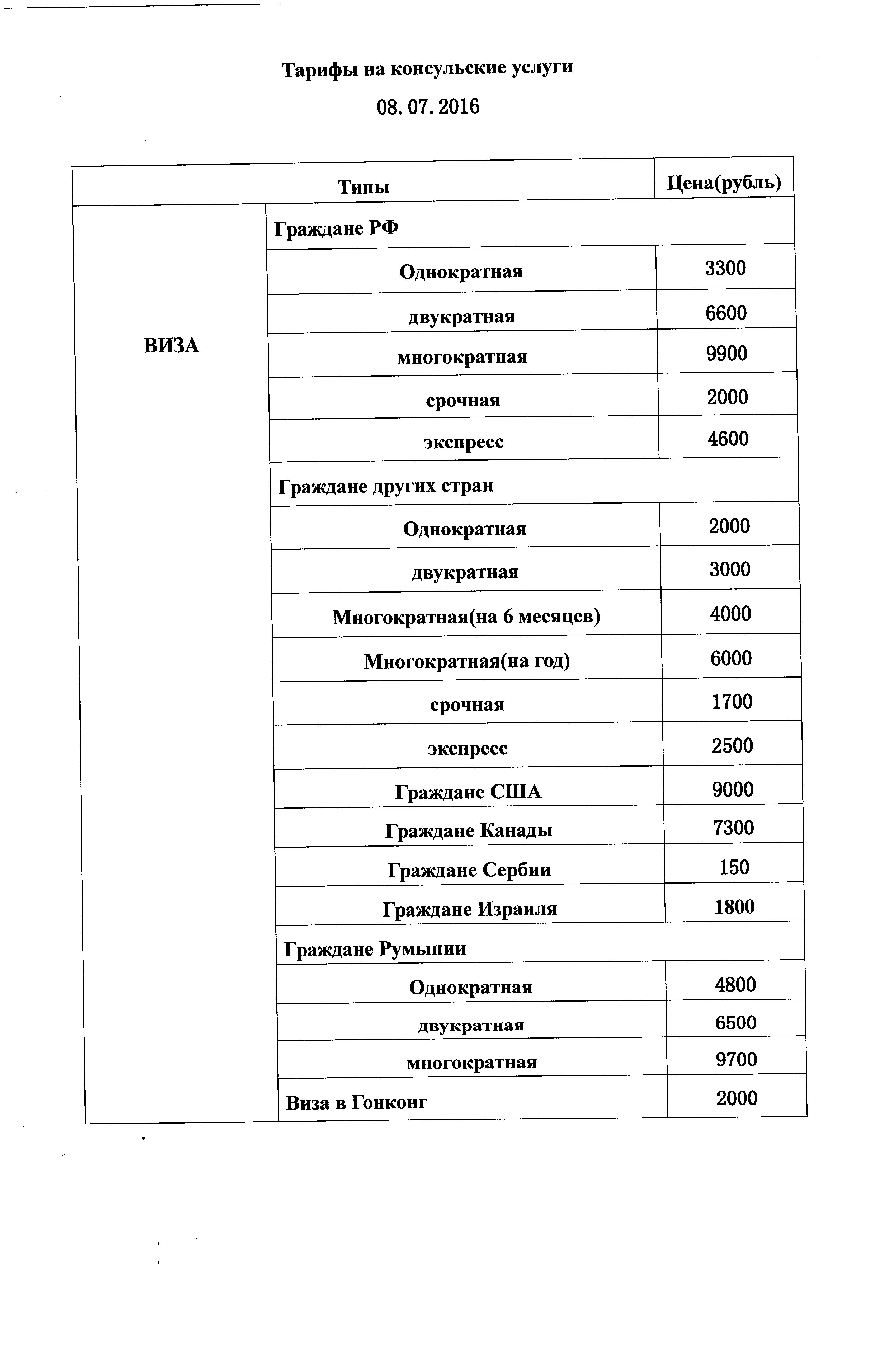 ТАРИФЫ НА ВИЗЫ